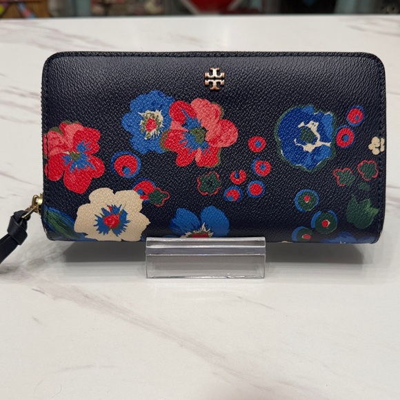 Tory Burch Handbags - Tory Burch Navy Floral Zip-Around Wallet with Gold Logo
